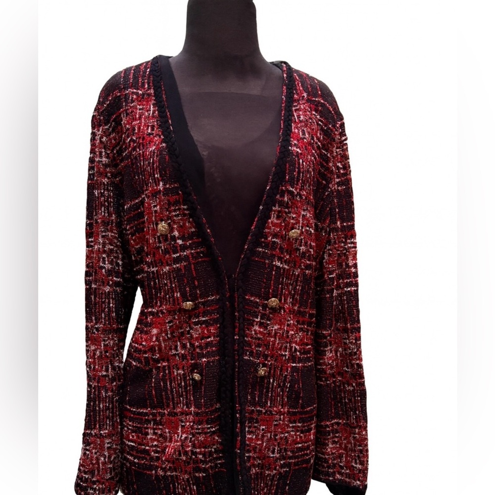 Ming Wang Red Plaid Faux Double Breasted Knit Jacket Size Large